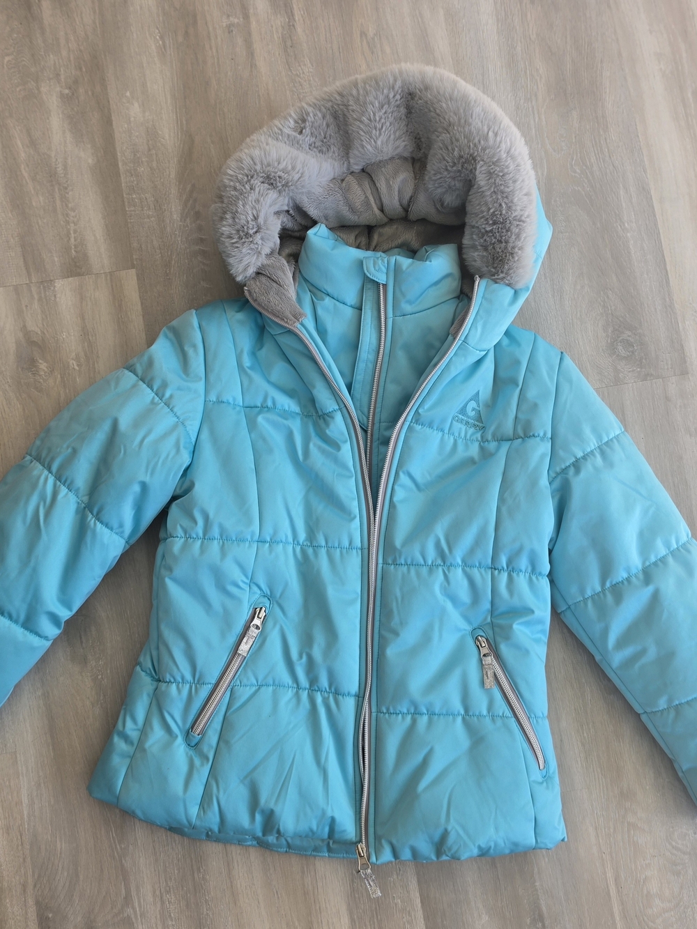 Kids Turquouis Puffer Jacket with Faux Fur Hood Size 10-12
